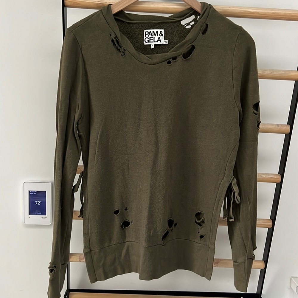 Pam & Gela distressed sweatshirt.  Army green. Size P (XS)